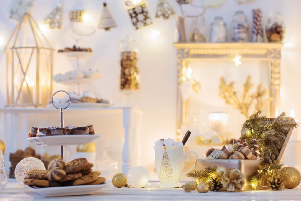 Christmas decoration cocoa bar with cookies and sweets in white