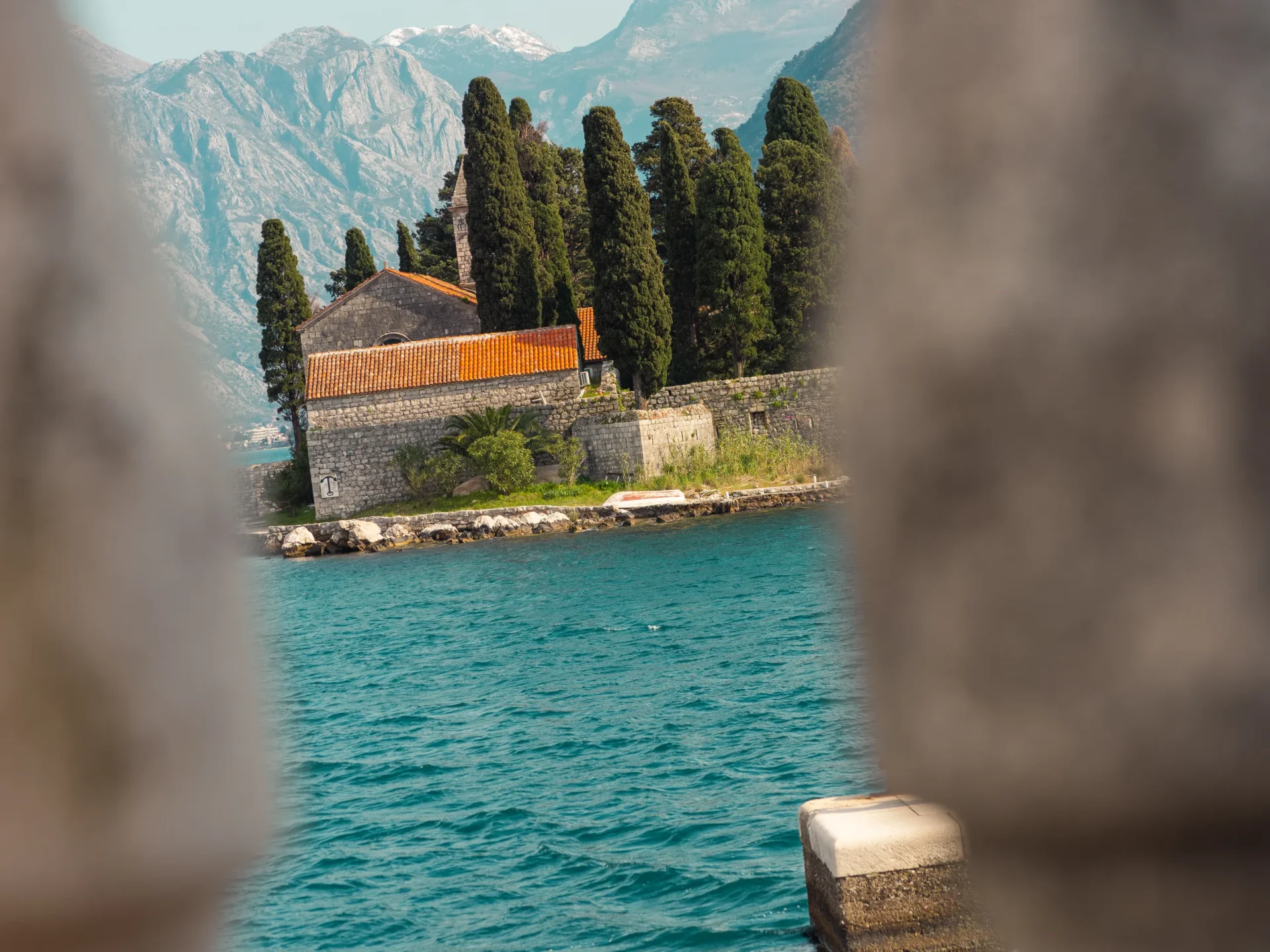 Island view through Perast stonework